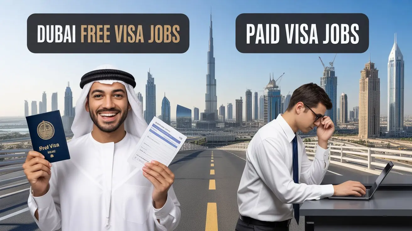 Dubai free visa jobs vs paid visa jobs illustration with Burj Khalifa skyline
