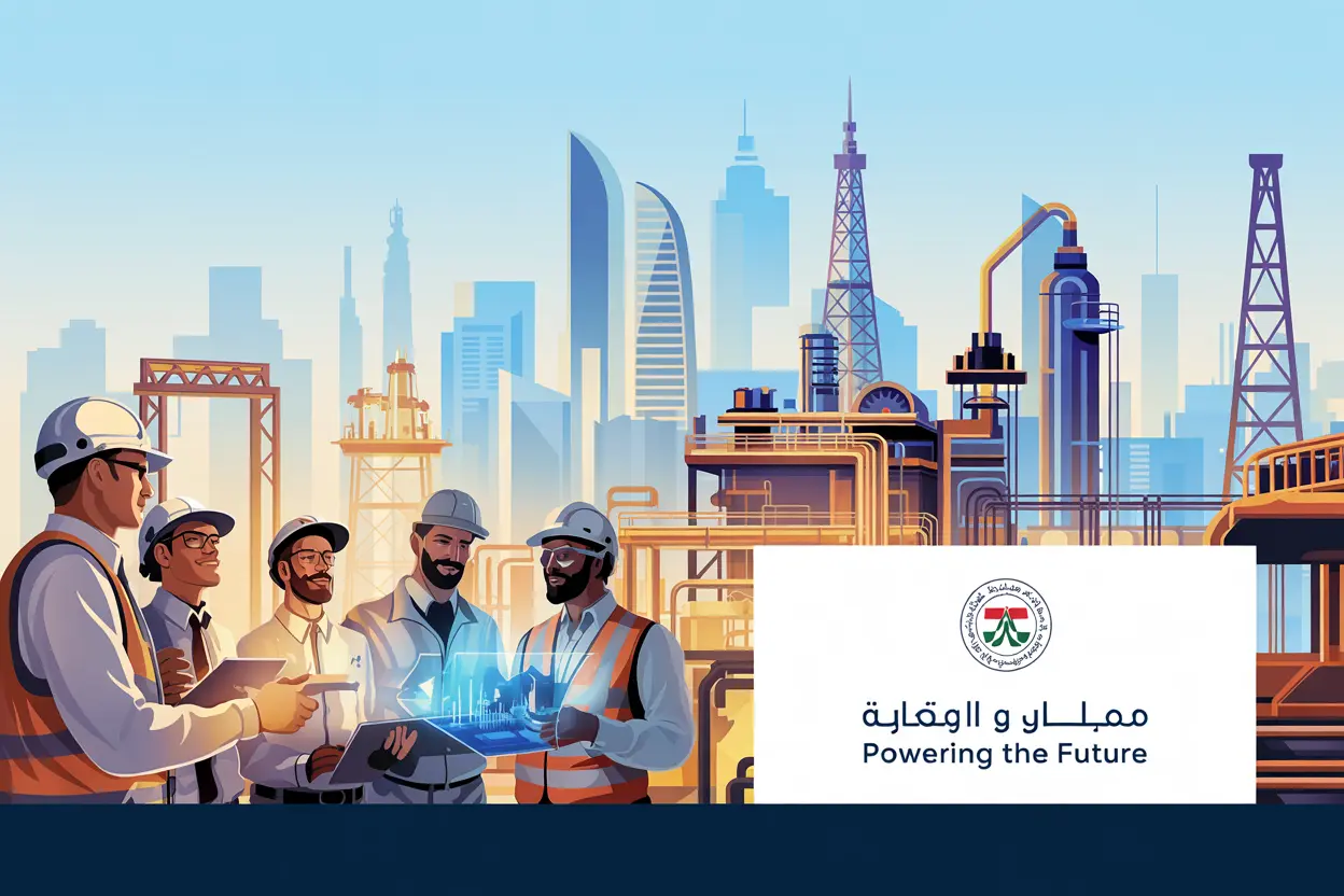 Engineers and oil workers in front of UAE skyline and refinery, representing the highest paying oil and gas jobs in UAE.