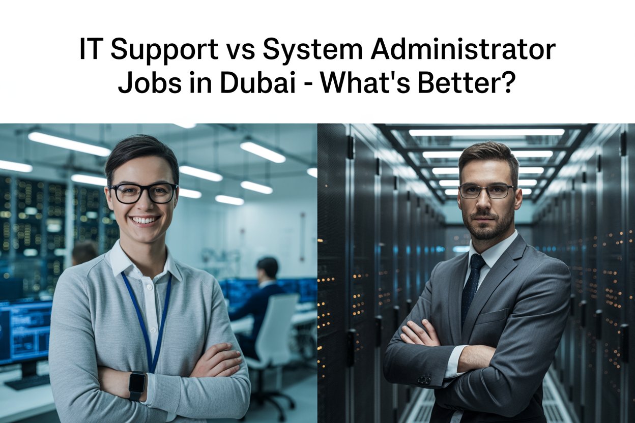 Split-screen showing an IT Support professional in an office and a System Administrator in a server room representing tech career paths in Dubai.
