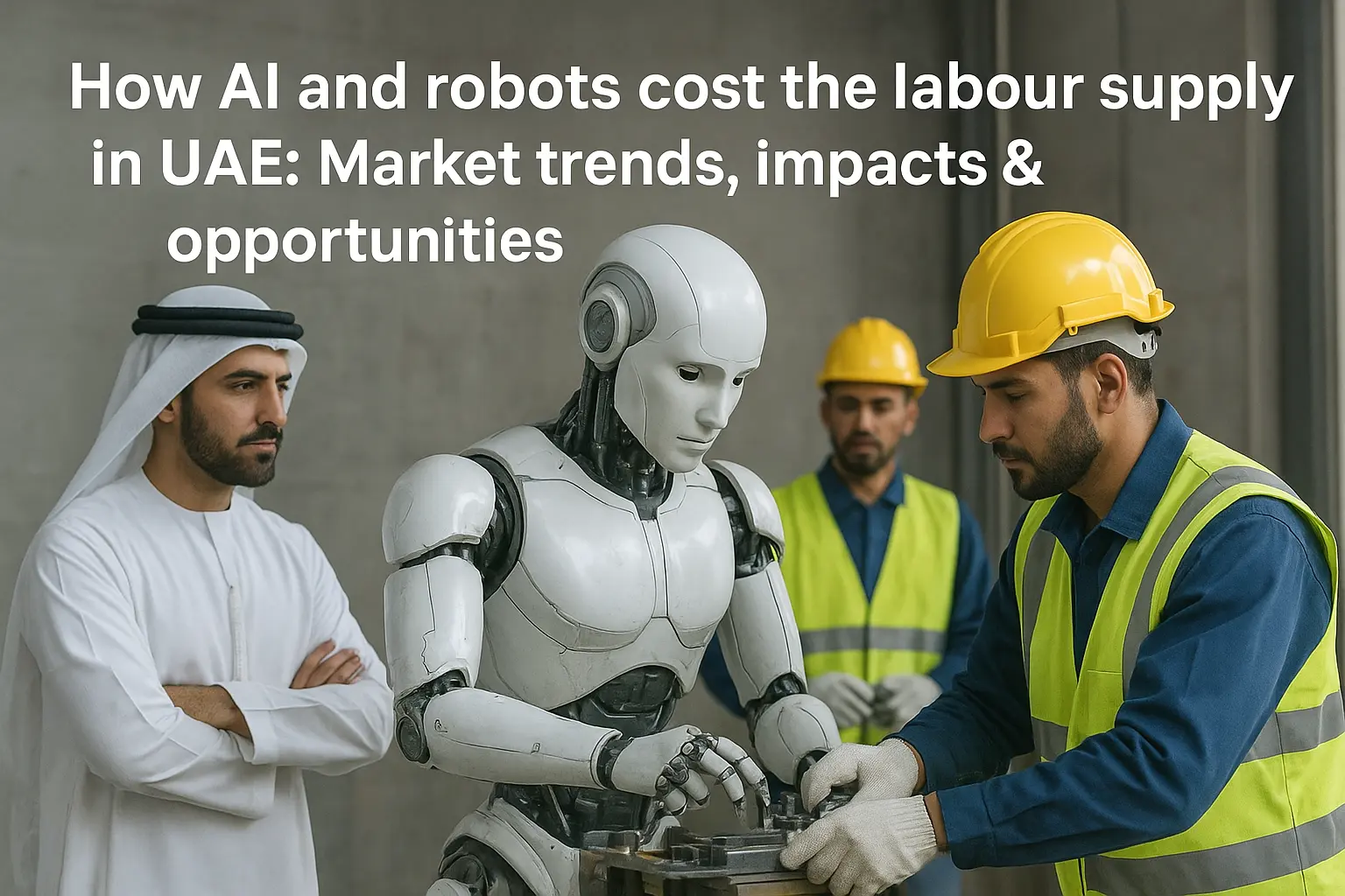 AI robot working with UAE construction workers symbolizing the impact of automation on labour supply and workforce trends.