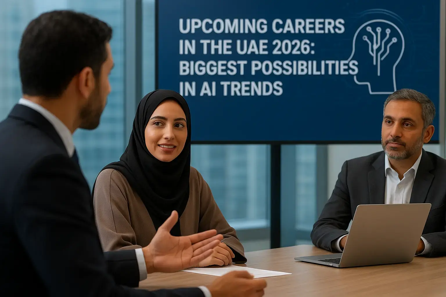 Professionals discussing AI career opportunities in the UAE during a business meeting with a presentation screen displaying “Upcoming Careers in the UAE 2026: Biggest Possibilities in AI Trends.”